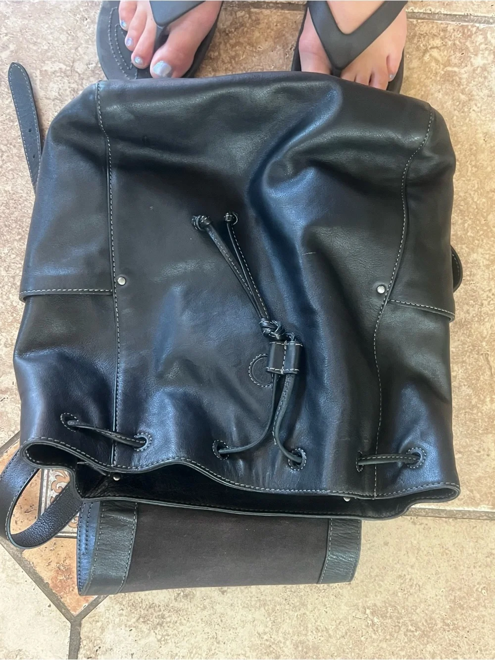 Frye Black Leather Drawstring Backpack